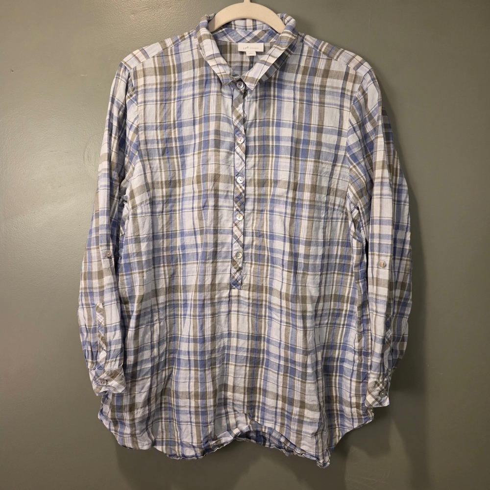 J. Jill Women's 100% Linen Plaid Half Button Up Tunic Size L Petite Blue Green